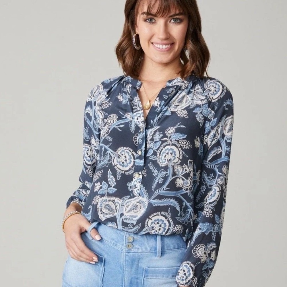 Spartina 449 Women Blue Floral Paisley 100% Silk Split Neck Blouse Top Size L